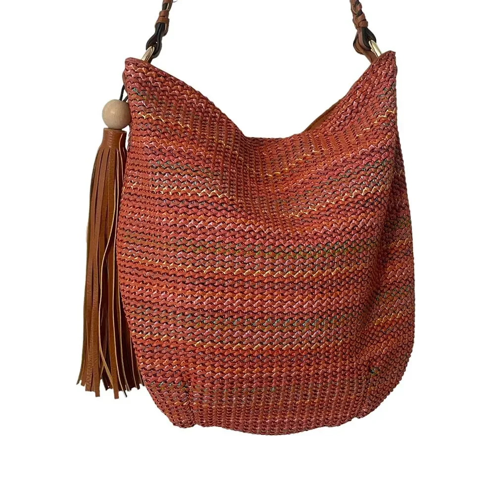Sondra Roberts Squared Boho Hobo Bag Brown & Orange Multicolor Tassel Braided
